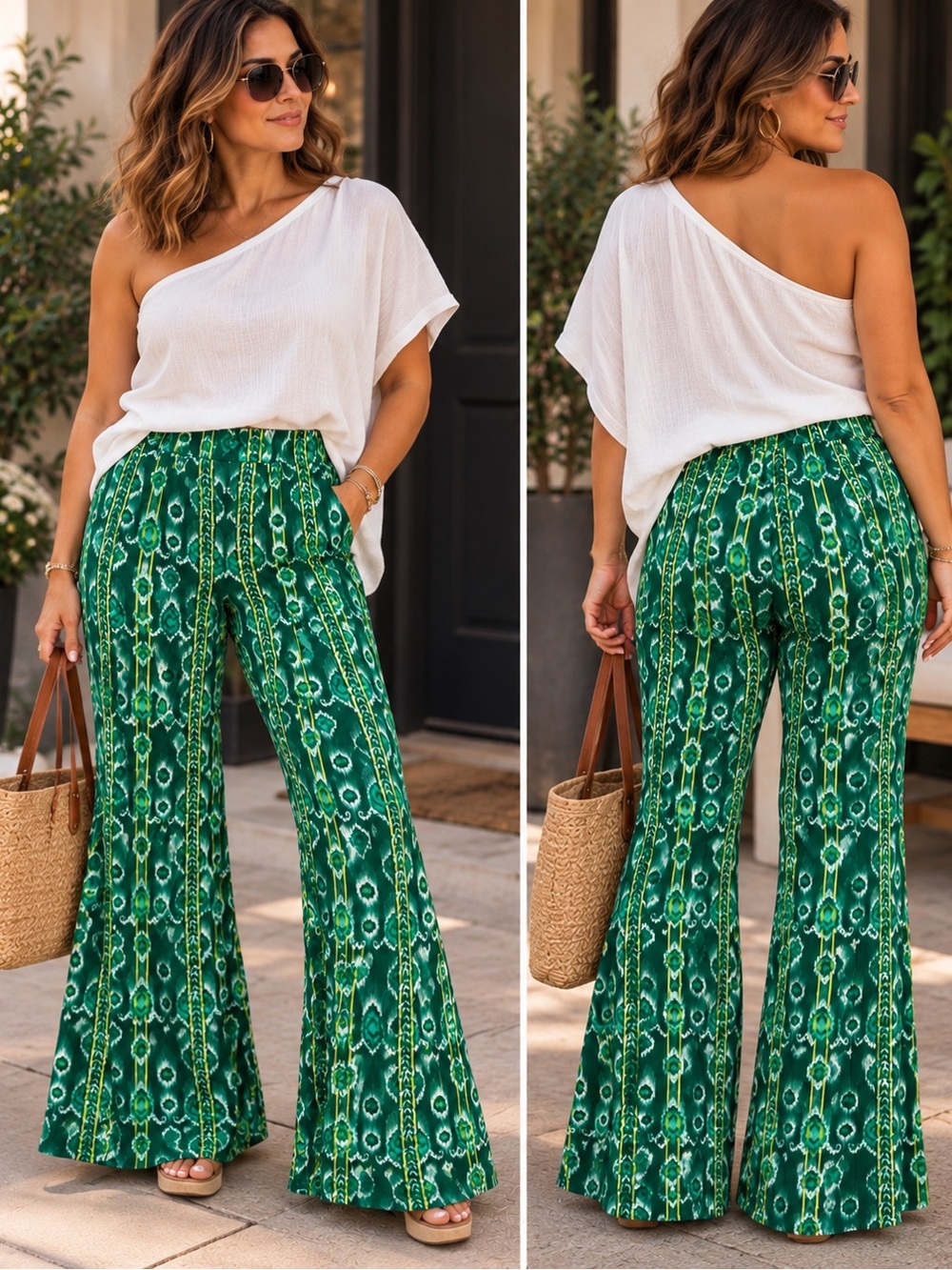 Green Printed Wide-Leg Pants for Women